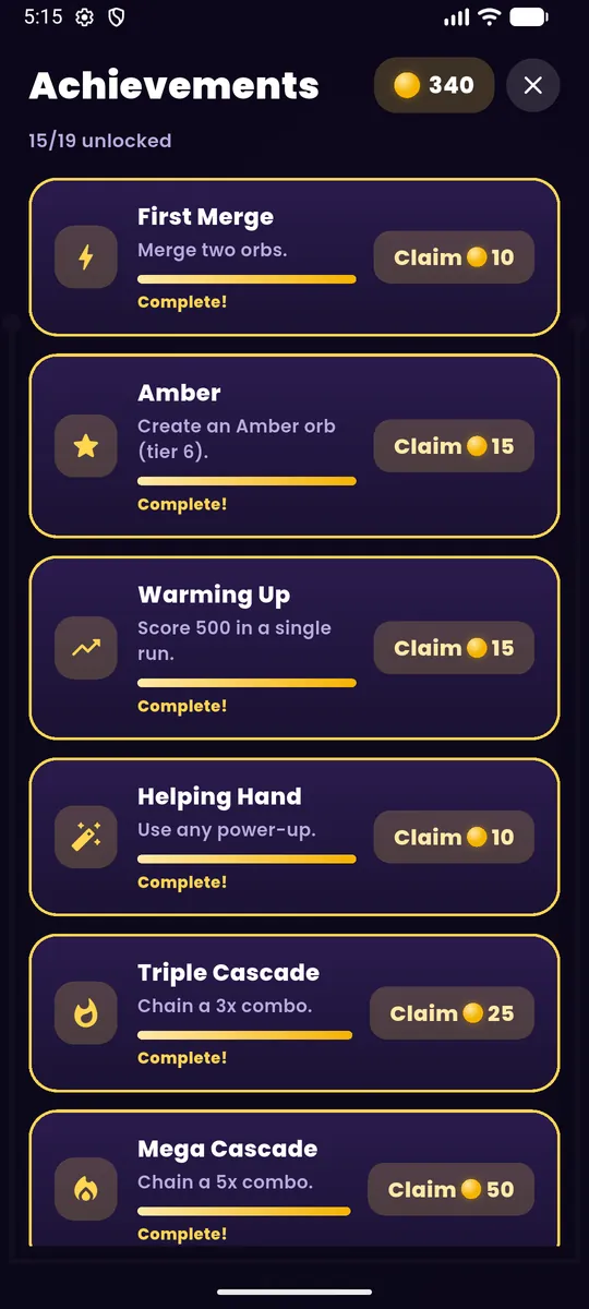 Cascade — Achievements and claims